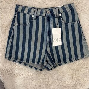 ZARA Dark Blue and Light Blue Vertical-Stripe High-Waist Denim Shorts